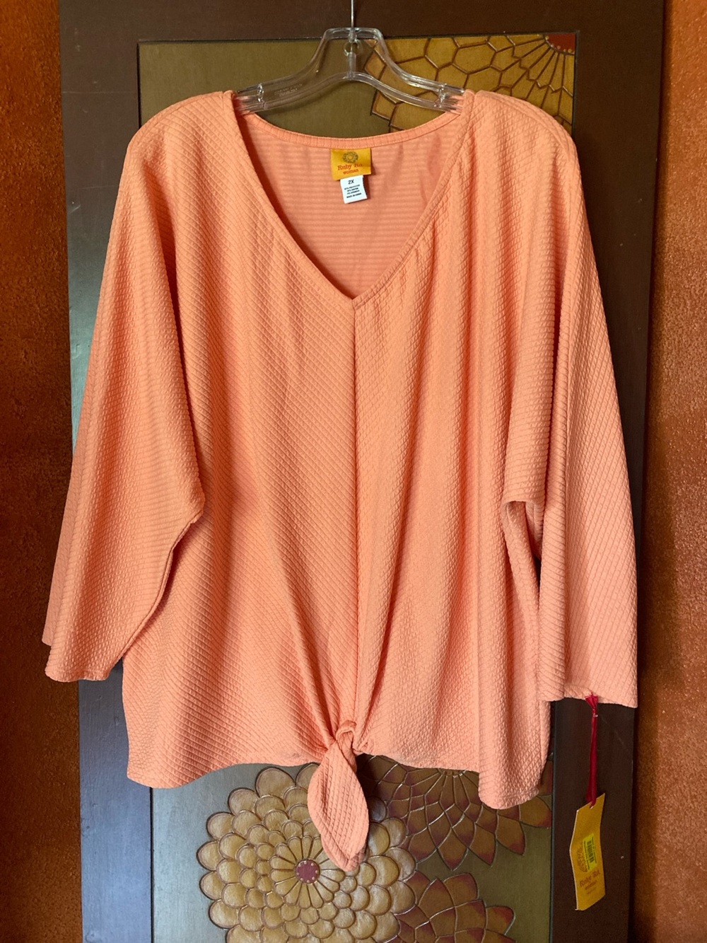 New Ruby Rd. Size 2X tangerine ribbed long sleeve V neck knot front top